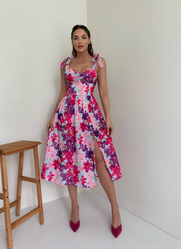 Floral Midi Dress With Tie Straps and Slits
