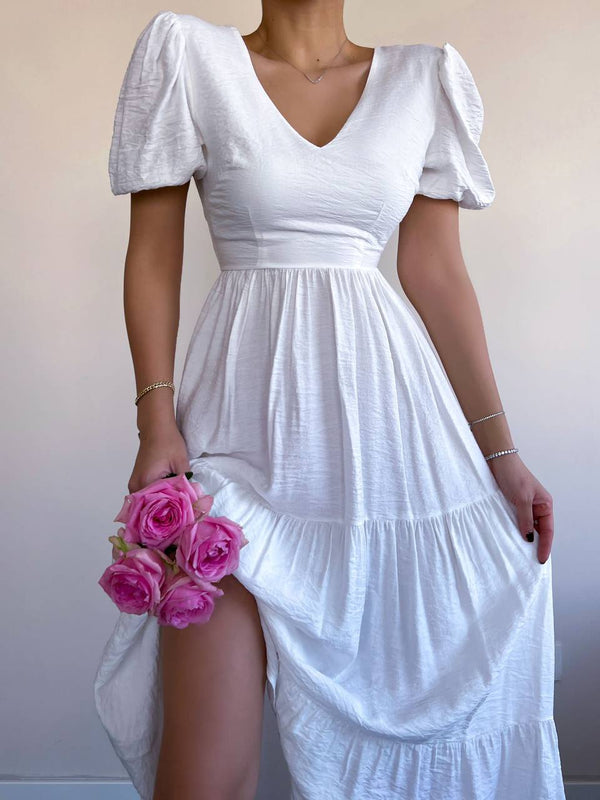 White Midi Dress With Puff Sleeves