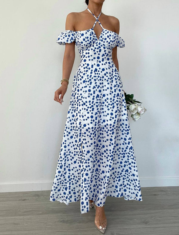 Floral Maxi Dress With Puff Sleeves And X-ross Straps