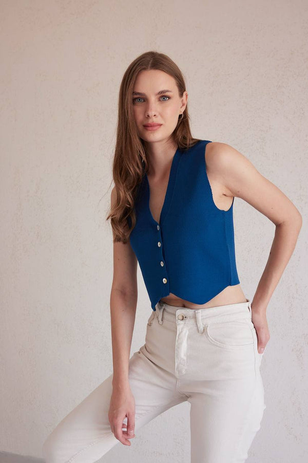 Short Vest with V-Neck with Buttons