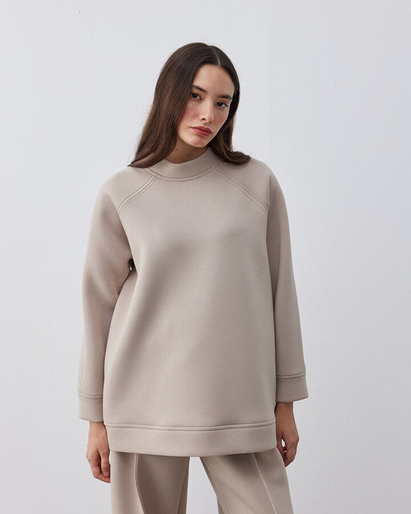 Doubleface Puff Raglan Sleeve Sweatshirt with Double Stitching Detail Beige Color