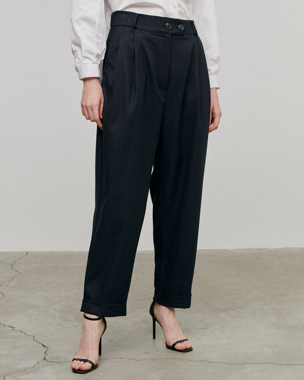 Navy Striped Wide-Leg Double Pleated Pile Pants