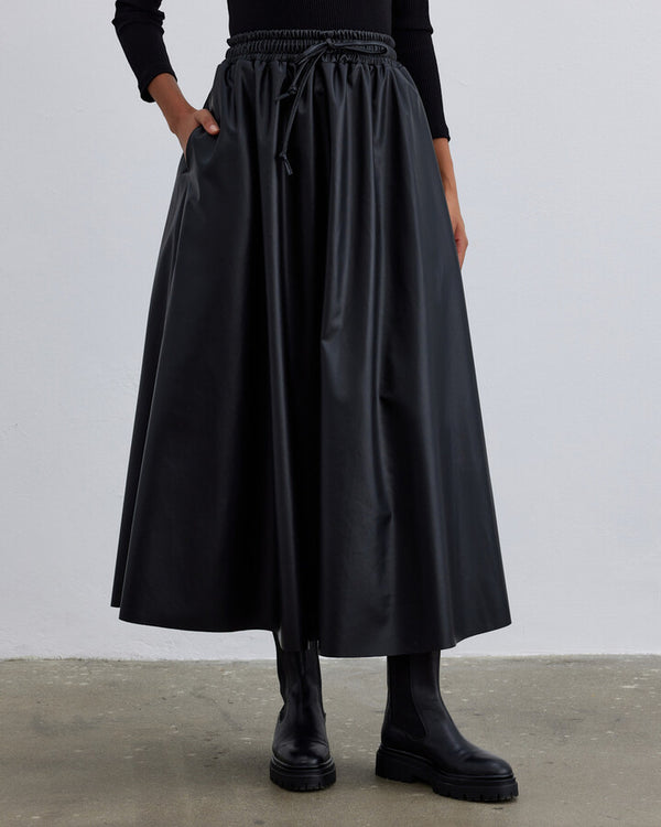 Black Leather Elastic Flared Loose Cut Vol Skirt